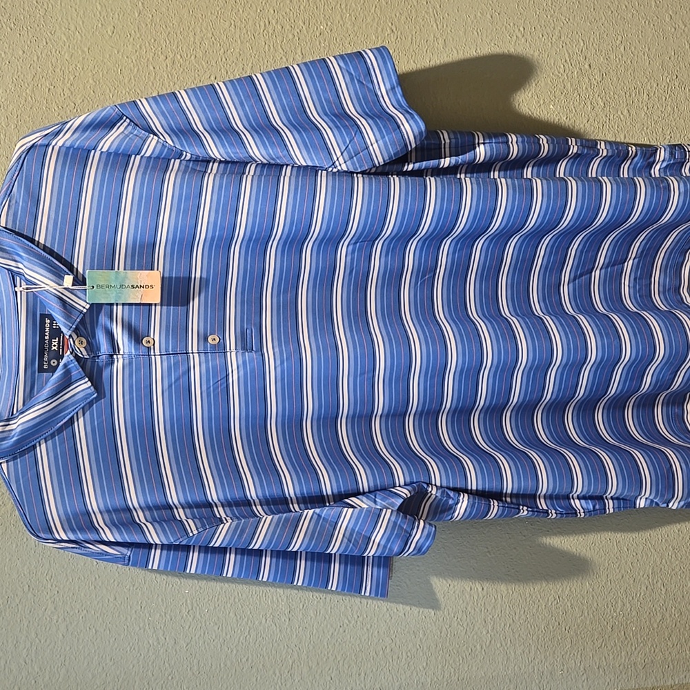 (New) Bermuda Sands Blue and White Striped Mens Golf Shirt Size XXL